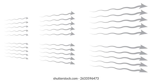 Conjunto de Vector de flechas azules de flujo de aire y dirección del viento para ventilación y diseño de movimiento