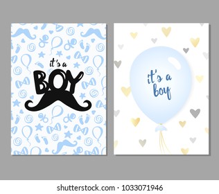 Vector set of blue baby shower cards for baby boys. It's a boy card. Vector invitation with cute pattern, balloon. Baby arrival and shower