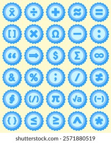 A vector set of blue badges featuring various mathematical symbols, perfect for educational materials, math-related projects, or creative designs