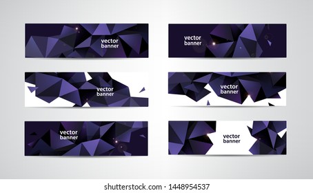 Vector Set of blue banners with polygonal geometric background, facet, low poly, triangles headers, covers