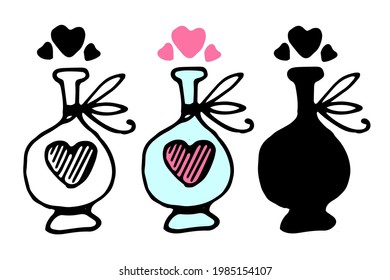 Vector set of blue bottle with pink heart with bow. Hand-drawn love potion bottle pattern with bow and pink hearts from the neck, black outline and silhouette on white background for design template