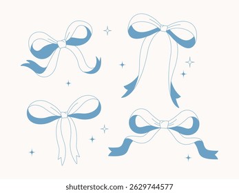 Vector set of blue bows on a light background. Four elegant decorative bows in a flat style with lines and stars. Suitable for design and packaging.