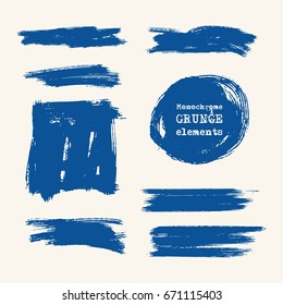 Vector set of blue brush strokes. Grunge isolated elements. Smoke brushes for your design. Freehand. Watercolor splash. Acrylic stamp. Vector illustration