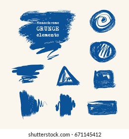 Vector set of blue brush strokes. Grunge isolated elements. Smoke brushes for your design. Freehand. Watercolor splash. Acrylic stamp. Vector illustration