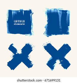 Vector set of blue brush strokes. Grunge isolated elements. Smoke brushes for your design. Freehand. Watercolor splash. Acrylic stamp. Vector illustration