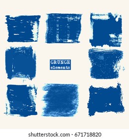 Vector set of blue brush strokes. Grunge isolated elements. Smoke brushes for your design. Freehand. Watercolor splash. Acrylic stamp. Vector illustration