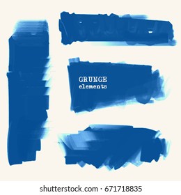 Vector set of blue brush strokes. Grunge isolated elements. Smoke brushes for your design. Freehand. Watercolor splash. Acrylic stamp. Vector illustration
