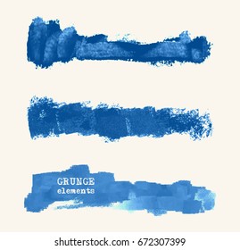 Vector set of blue brush strokes. Grunge isolated elements. Smoke brushes for your design. Freehand. Watercolor splash. Acrylic stamp. Vector illustration