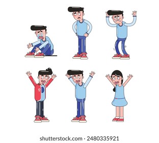 Vector set of blue characters in different actions isolated on white background