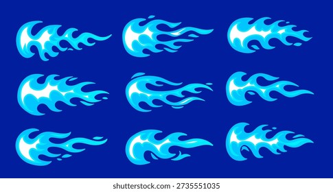 Conjunto de Vector de color azul símbolo de fuego. Colección de diseño de estilo de dibujos animados planos de llama de fuego ardiente en frío. Ilustración de varios shine lengua de la forma de la llama icono para el Web, Anuncio, cartel, red