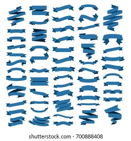 Vector set of blue color flat ribbons on a white background. Template design element. Christmas decoration and sticker for advertising and app. Illustration of accessory and gift. 