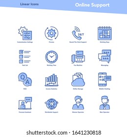 Vector set of blue color linear icons - ONLINE SUPPORT
