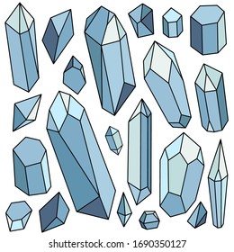 Vector set of blue crystals, hand-drawn stones, magic element, occultism, item for witchcraft