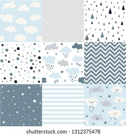 Vector set blue, cute seamless patterns for weather design