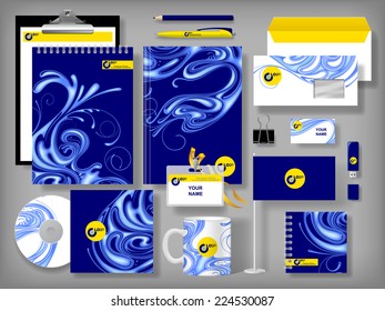Vector set of blue design corporate identity templates with notepad, envelope, business card, CD, flag, badge, mug  and other office accessories