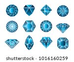Vector set of blue diamond (sapphire) design elements - cutting samples. Gemstone. Fashion jewelry. 