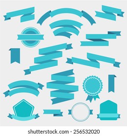 vector set of blue empty retro ribbons, banners and badges isolated