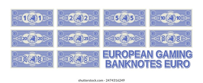 Vector set of blue EU gaming banknotes. European notes in denominations of 1, 2, 5, 10, 20, 25, 50, 100, 200 and 500 euros. Collection. Wreath and guilloche mesh.