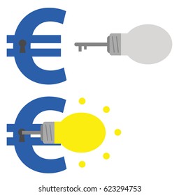 Vector set of blue euros with keyholes and light bulb key unlocking.