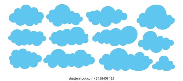 Vector set blue flat clouds, sky, vector clouds, clouds collection on white background