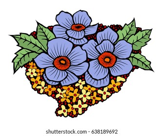 vector set of blue flowers, hand drawn floral design elements
