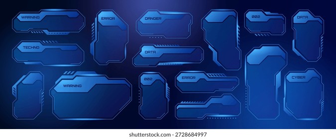 Conjunto de Vector de marcos de hud futuristas azules, bordes de caja de texto, etiquetas de tecnología de ciencia ficción o paneles de holograma de pantalla digital. Elementos de interfaz de usuario, diseño del juego o cajas de información modernas de alta tecnología Plantilla