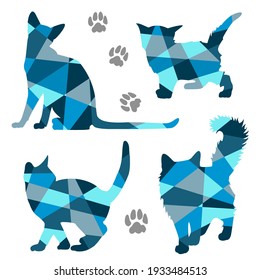 Vector set blue geometric silhouettes of cats isolated on a white background