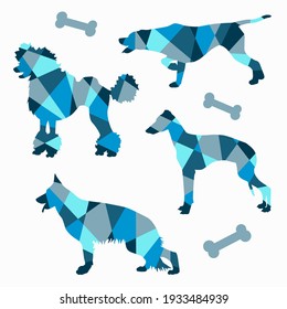 El vector estableció siluetas geométricas azules de perros aislados en un fondo blanco