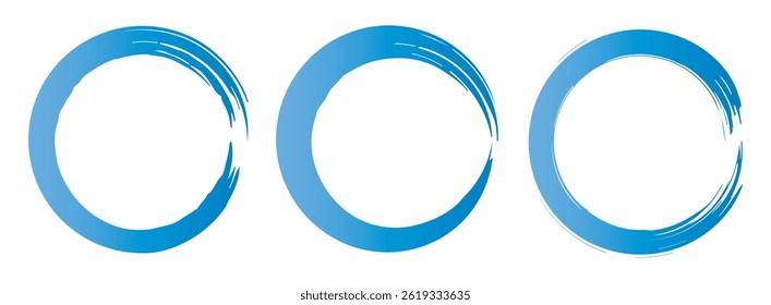 A vector set of Blue gradient grunge circle brush vector illustration. Abstract blue paint brushstroke circles pack. A set of blue brush circle. Set of circle, blue paint, ink, dirty brush strokes.
