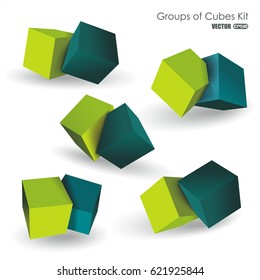 Vector set of blue and green 3d cubes structure, over white background.