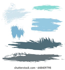 Vector set of blue and grey strokes. Grunge isolated elements. Smoke brushes for your design. Freehand. Ink splash. Vector illustration.