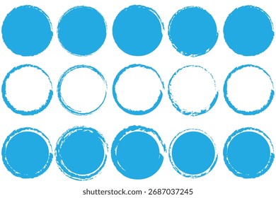 Conjunto de Vector de Ilustración vectorial de pincel circular grunge azul. Abstractas paquete de círculos de pincelada azul. Conjunto de círculo de pincel azul. 