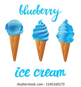 vector Set of blue ice cream blueberry with of different shapes in a cup on transparent background lettering hand made text art