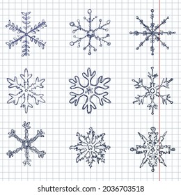 Vector Set of Blue Ink Doodle Sketch Snowflakes