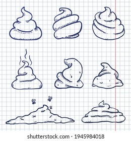 Vector Set Of Blue Ink Sketch Doodle Poop