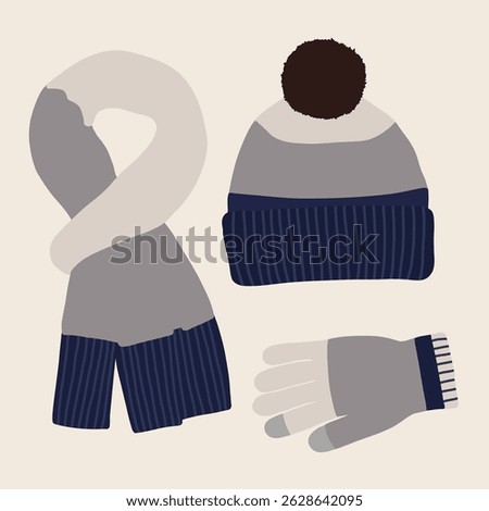 vector set of blue knitted winter gloves, hat, and scarf illustration