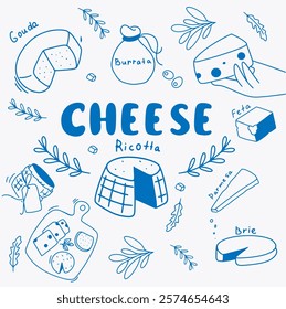 Vector set of blue line cheeses in doodle style, vector cheeses on white background: ricotta, feta, parmesan