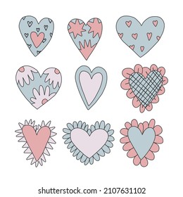 vector set of blue lo fi psychedelic valentines.Hippie collection hearts for valentine's day.Faded vintage style 70s and 80s.Stories social media stickers.Romantic soft pop shapes in funky and groovy