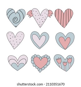 vector set of blue lo fi psychedelic valentines.Hippie collection hearts for valentine's day.Faded vintage style 70s and 80s.Stories social media stickers.Romantic soft pop shapes in funky and groovy