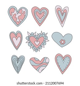 vector set of blue lo fi psychedelic valentines.Hippie collection hearts for valentine's day.Faded vintage style 70s and 80s.Stories social media stickers.Romantic heart shapes in funky and groovy
