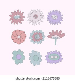 vector set of blue lo fi hippie flowers.Hippie collection flowers for spring and summer.Faded vintage style 70s and 80s.Stories social media stickers.Romantic soft pop shapes in funky and groovy
