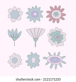 vector set of blue lo fi hippie flowers.Hippie collection flowers for spring and summer.Faded vintage style 70s and 80s.Stories social media stickers.Romantic soft pop shapes in funky and groovy