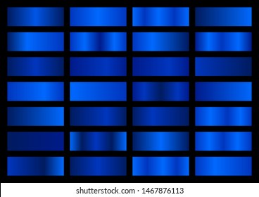 Vector set blue metallic gradients  swatches collection  shiny gradient set black background  metal texture