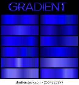 Vector set of blue metallic gradients. Swatches collection. Shiny gradient set on black background. Metal texture.