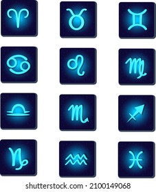 Vector Set of Blue Neon Zodiac Symbols
