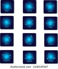 Vector Set of Blue Neon Zodiac Constellations