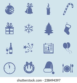 Vector Set of Blue New Year and Christmas Icons