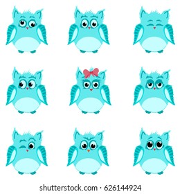 Vector set of blue owls with different emotions