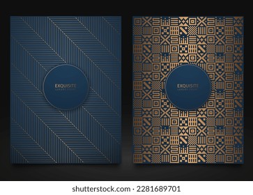 Vector set blue packaging templates with different golden geometric pattern texture for luxury product. Frame design for logo. Ethnic gold abstract mexican background, graphic folk print