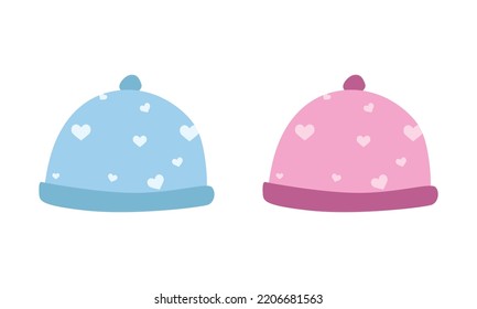 Vector set of blue and pink baby hat for boy and girl clipart. Simple cute baby winter hats flat vector illustration. Crocheted baby hat cartoon style. Kids headwear for winter